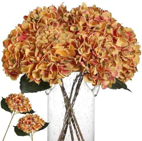 Kisflower Bouquet d'hortensias artificiels en Soie réaliste pour Mariage, fête, Bureau, décoration de la Maison, Orange brûlé