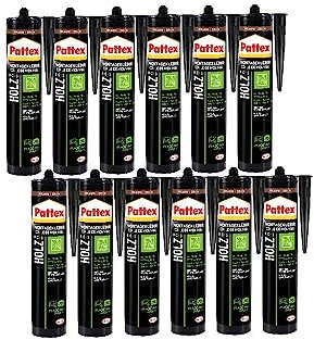 Pattex Montage Holz, starker Montagekleber für Holz und Holzwerkstoffe, wetterbeständiger Baukleber für alle Materialien*, elastischer Holzkleber für innen und außen**, 12x420g Kartusche