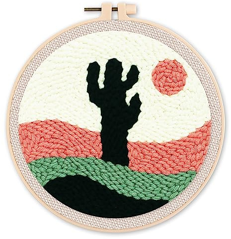 Figured'Art Punch Needle Set für Erwachsene - Stickerei, ideal für Anfänger - Wüstenkaktus - 20x20cm mit rundem Rahmen