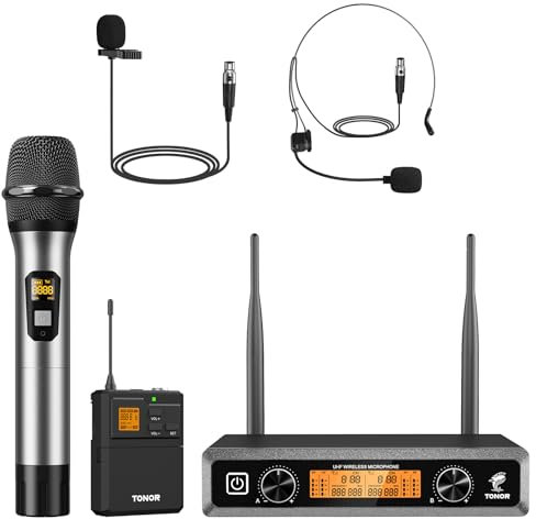 TONOR Sistema de Microfono Inalambrico, con Micrófono de Mano, Micrófono Diadema/Lavalier Solapa Bolsillo Mic, Bodypack Transmisorcon, Receiver de Metal, 2x10 Frecuencias UHF, 60M para Cantar Karaoke