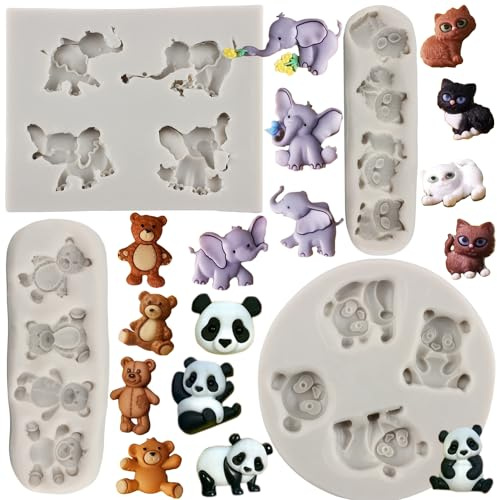 MYPRACS 4 Stück Elefant Bär Panda Katze Silikon Fondant Formen | Schokolade Süßigkeiten Harz Zucker Gummipaste Kuchendekoration