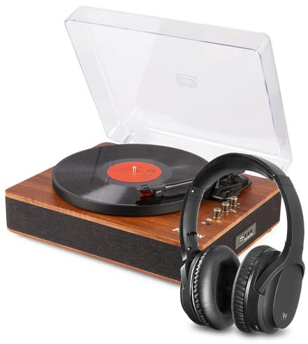 Fenton RP162D Bluetooth Record Player with Audizio ANC110 Wireless Headphones, USB MP3 Player, Built-in Speakers & Wireless Streaming – Dark Walnut Finish