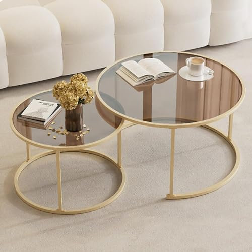 Satztische im 2er-Set, stapelbare Sofa-Beistelltische, 2-teiliger runder Couchtisch, Platte aus gehärtetem Glas und Metallrahmen, platzsparende Akzent-Teetische für das Wohnzimmer