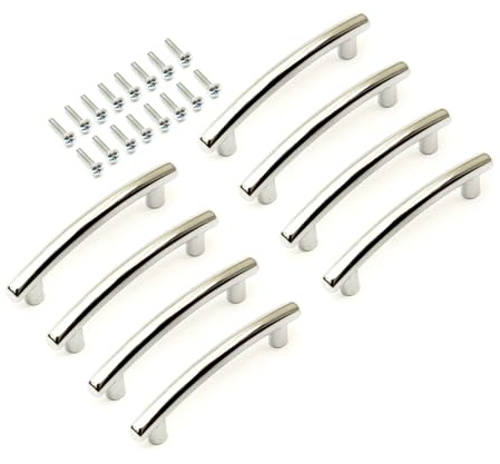 Curved Bow Handle 64mm H/C Polished Chrome & Screws Kitchen Drawer Cupboard Cabinet Door (8, 20mm Screw Length)