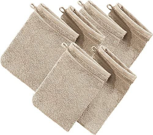 Erwin Müller Waschhandschuh Heidelberg 6er- Pack, 100% Baumwolle beige Größe 15x21 cm - weiche Qualität, saugstark und strapazierfähig - praktisch durch Schlaufe
