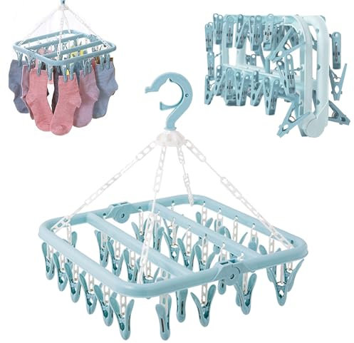 Toulifly Appendiabiti per Calzini,Stendibiancheria con 32 Pinze,Stendino per Calzini Pieghevole,Stendino in Plastica Girevole,Appendiabiti per biancheria intima per piccoli capi di abbigliamento