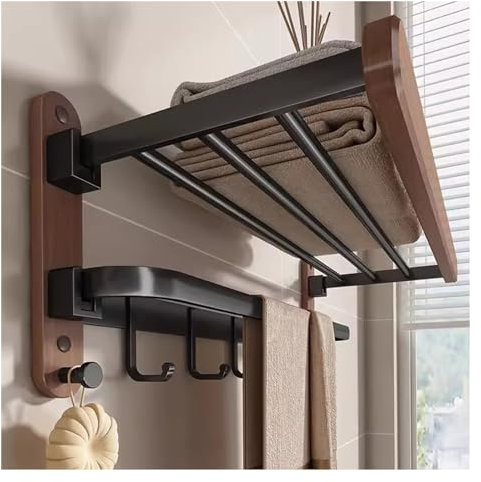 Handtuchhalter zur Wandmontage, Rustikaler Handtuchhalter aus Holz for die Toilette im Badezimmer, an der Wand montierter Handtuchhalter mit Handtuchstange und Handtuchhaken, faltbares Handtuchregal a