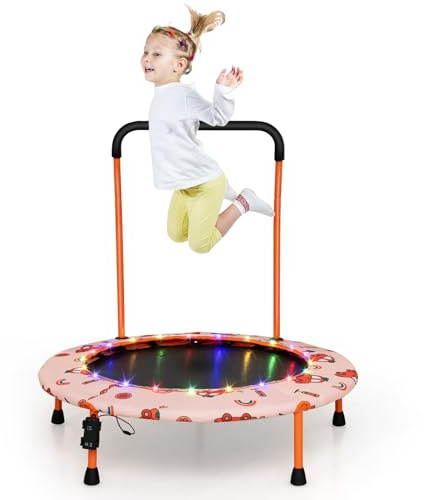 COSTWAY Studsmatta med en diameter på 92 cm, ministudsmatta med LED-belysning och avtagbart handtag, perfekt för träning och barn från 3–6 år, kan användas både inne och ute i trädgården (orange)