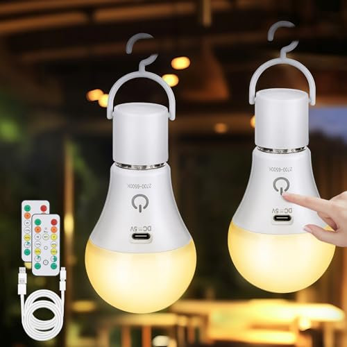 Kimjo Lot de 2 ampoules rechargeables - Ampoule avec télécommande - E27 USB 7 W - 3 couleurs variable - Contrôle tactile - Éclairage d'urgence extérieur