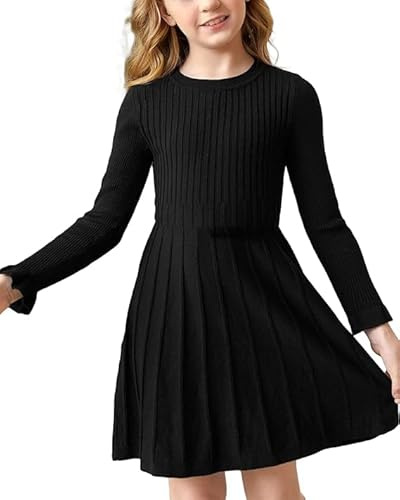 Haloumoning Robe pull pour fille manches longues coupe A robe en tricot chaude école automne hiver robe couleur unie basique robe décontractée robe de soirée, Noir , 160