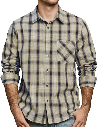 JOGAL Camicia da uomo a quadri, a maniche lunghe, vestibilità regolare, camicia tradizionale con bottoni, in cotone, per il tempo libero, con tasca, beige., L