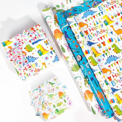 Drei Rollen Geschenkpapier Kinder 0.43×3m, Dino Geschenkpapier Geburtstagsgeschenke verpacken，Geschenkpapier Dinosaurier, Geschenkpapier Junge Lass, Geschenkpapier Kindergeburtstag