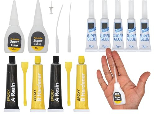 15Pcs Super Glue & Epoxy Resin Kit, Strong Clear Instant Adhesive for Plastic, Glass, Wood, Ceramic Repair, Anti Clog Nozzle