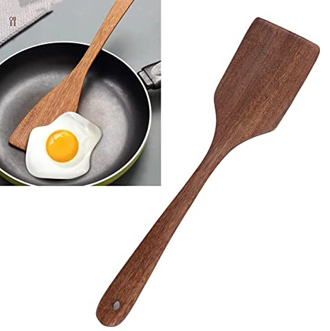 Spatule en bois pour la cuisson, spatule cuillère à long manche, spatule de cuisson en bois, spatule plate pour friture, spatule pour wok, spatule en bois pour mélanger la (33,5 cm)