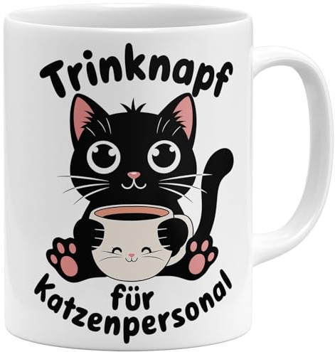 OM3® witzige Kaffee-Tasse mit Spruch - Trinknapf für Katzenpersonal - Katzenliebhaber Katze Katzenmama - Keramik Becher - 325ml - Beidseitig Bedruckt - Weiss
