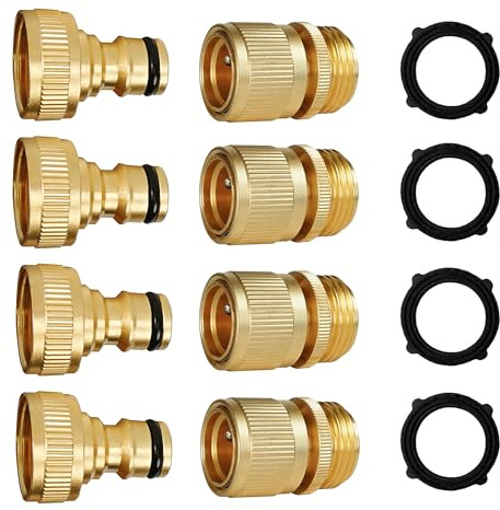 Hourleey Tubo da giardino a connessione rapida, set di 4 raccordi in ottone massiccio da 3/4 di pollice con filettatura GHT, raccordi a sgancio rapido per tubo dell'acqua maschio e femmina, senza