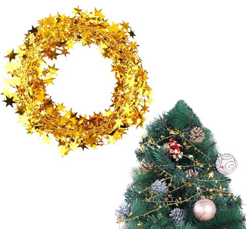 Sternen Girlande, Folien Stern Girlande, 7,5 m Folie Stern Lametta, Sterngirlande Dekoration, Glitzerstern Girlande, Glitzerstern Draht für Party, Festival und Outdoor-Dekoration (Gold)