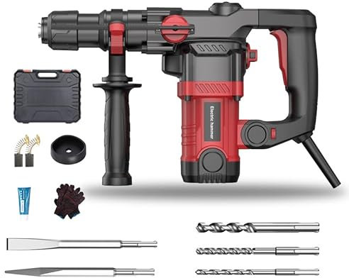 hzexun Perforateur burineur SDS-Plus 4 Fonction/Perçage,Perçage au Marteau,Réglage de la Position du Burin,Burinage,1200W 6 Vitesse Variable 4500BPM,1050R/Min,Capacité de Perçage de 30mm dans le béton