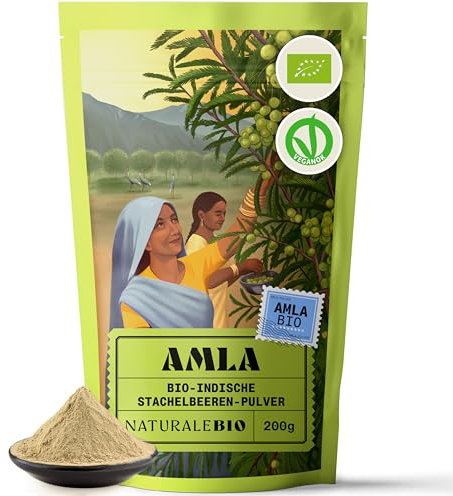 NaturaleBio Amla Polvo 200g. Superalimento para la salud del cabello y la piel y el bienestar. Antioxidante y fuente de vitamina C. Refuerza la inmunidad, desintoxica y contribuye a la digestión.