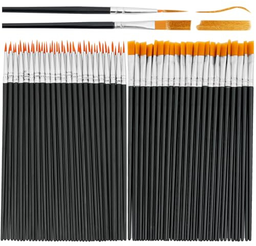 100 Stück Pinsel Set Schwarz, 50 Runde und 50 Flache Pinsel | Kleine Künstlerpinsel für Details, Nylon Detailpinsel zum Basteln, Art Pinsel Set für Kunstmalerei Miniatur Modell
