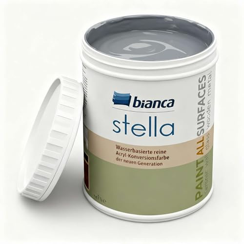 Bianca Stella Pintura para muebles premium sin lijado para cocina y baño, Gris ceniza, Brillante, 1000ml, a base de agua, pintura acrílica para todas las superficies, madera, azulejos, metal
