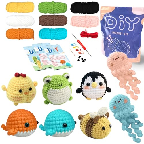 YAMAXIN Häkel-Set für Anfänger, Häkel-Starter-Set mit Schritt-für-Schritt-Videotutorials, Anfänger-Häkel-Sets für Erwachsene (8 Stück Quallen, Küken, Frösche, Pinguine, Wale, Bienen)