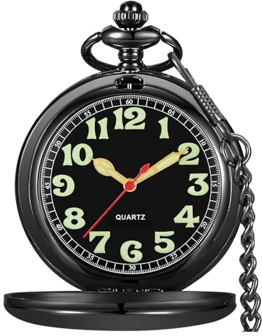 Tiong Smooth Pocket Watches Quartz Arabic Numerals Men Arabic Numerals with Chain&Box(Black)