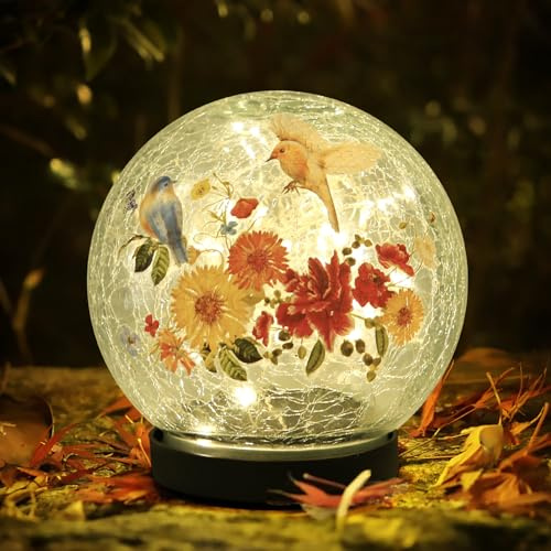Solar Globe Lights Outdoor Waterproof, Cracked Glass Ball Orb Lights, Waterproof Globes for Garden Pathways, Patio Decor & Backyard Landscaping, Round Ornaments Orbs (Red-Yellow Flower)
