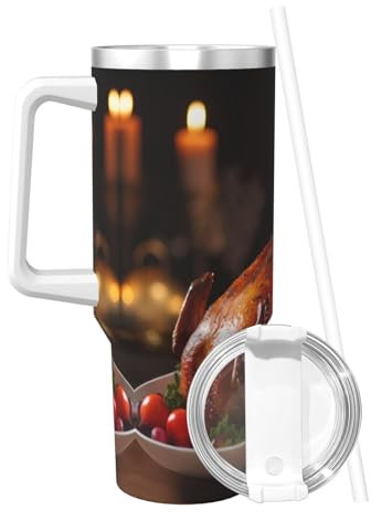 POEZJZW Turchia - Bicchiere da 1,18 l, con manico e cannuccia, in acciaio inox, a doppia parete, isolamento sottovuoto