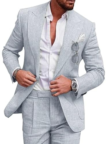 Completo da uomo 2 pezzi, completo in lino da uomo, a un bottone, tinta unita, giacca e pantaloni, adatto per matrimonio, testimoni di nozze, ballo di fine anno, ritorno a casa, Grigio chiaro, XXL
