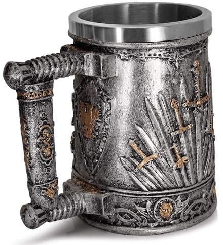 TONSHEN Chope à Bière Médiévale, 600ml Nordique Médiéval Viking Tasse à Bière en Acier Inoxydable, Cadeau pour Hommes, Tasse à Café