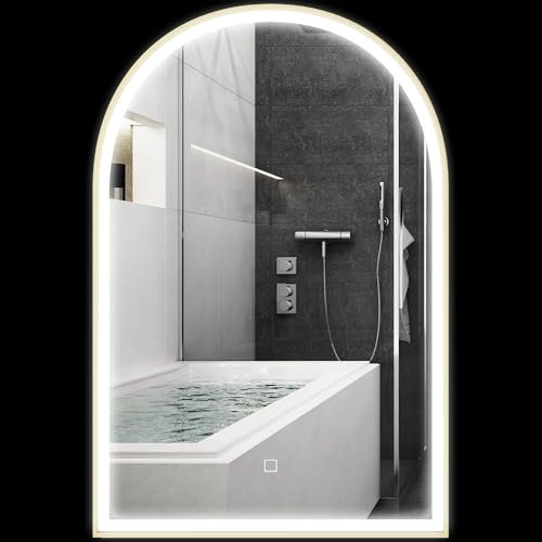 HOMCOM Miroir Salle de Bain avec éclairage LED 90 x 60 cm, Miroir Mural arqué, lumière réglable 3 Couleurs, Anti-buée, mémoire, Interrupteur Tactile, Miroir Salle de Bain, Cadre en Aluminium, doré