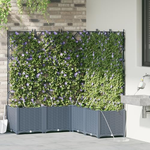 HaoChrymec Pflanzkästen mit Bewässerungssystem, Synthetisches Material, Höhenverstellbares Gitter, Blumenkasten mit Bewässerungssystem, Pflanzkasten Outdoor, Hellgrau, 120 x 120 x 142 cm, 5 STK.