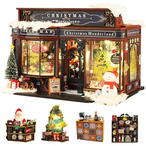 CUTEROOM Maison de poupées en bois avec meubles et mécanisme musical – Kit à fabriquer soi-même pour merveilles de Noël, cadeau DIY avec mécanique mobile, décoration miniature éclairée pour la maison