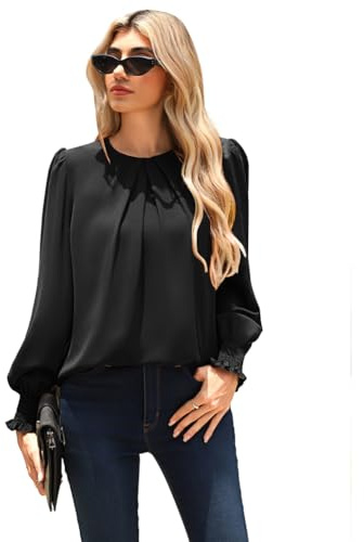 Kate Kasin Women's Long Puff Sleeve Chiffon Blouse Crew Neck Shirt Work Office Business Tops Shirts Black M