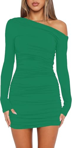 Wenrine - Abito da Donna Sexy, Senza Spalline, a Maniche Lunghe, Mini Abito da Festa, con Volant, Bodycon, da invitata a Matrimonio, Abito da Cocktail, Verde, M