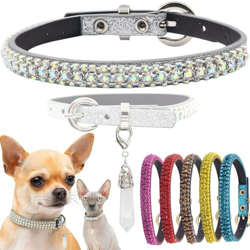 PEARLY JUN Wasserdiamant Welpen Halsband, XXS Silber AB Glänzende Diamant Katze Halsband, Süße Luxus Kristall Haustier Welpen