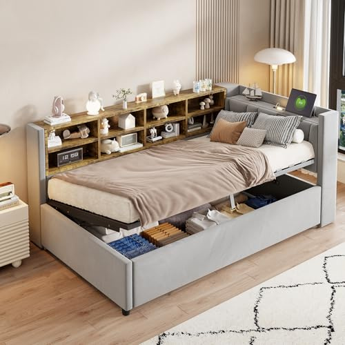 Gxffipw Tagesbett Polsterbett 90x200 cm mit Nachtlicht und USB-Typ-C, Hydraulisches Bett mit Stauraum und Staufächern, Schlafsofa Bettgestell mit Lattenrost, Samt, Hellgrau, Ohne Matratze