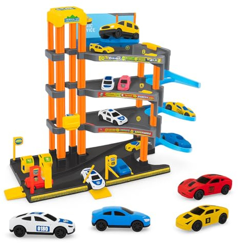 Toyana Toy Car Garage Playset for Kids, 4 Storeys Car Parking Garage with Elevator, Ramp, Tracks & Cars Wash, Includes 4 Toy Cars, Imaginative Vehicle Role Play Gift for Children 3+ Years