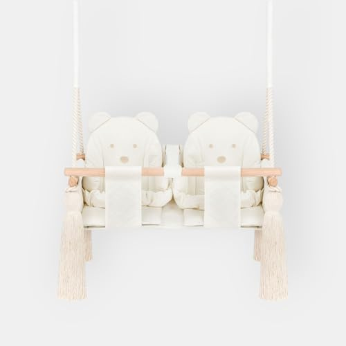 Nid Magique Altalena Doppia Interna Bambino Sedile Doppio Velluto Trapuntato 30kg Cinture Sicurezza e Legno Massiccio Ricamo Nome Personalizzabile, Made in Europa, Beige