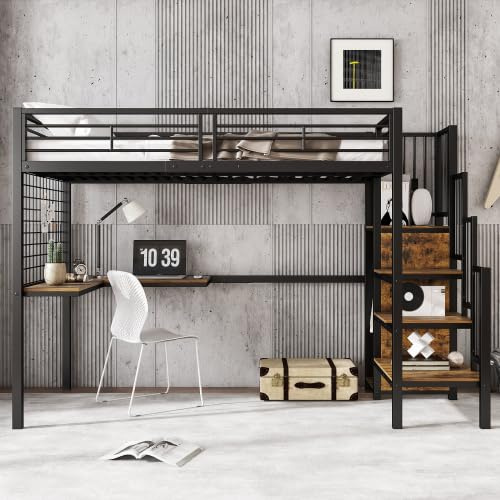 Merax Letto a castello in ferro per bambini e ragazzi, 90 x 200 cm, con tavolo e armadio, scala laterale con corrimano, nero + colore legno scuro, certificato EN 747