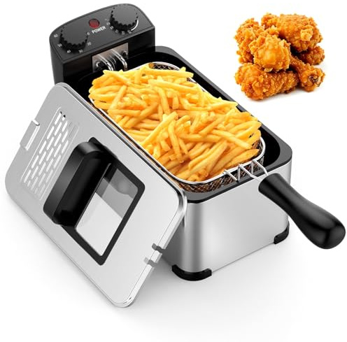 COSTWAY 3 Liter Deep Fryer with Basket, 1700W Electric Oil Fryer with Lid with Viewing Window, Adjustable Timer and Temperature, Small Countertop Deep Fryer Pot for Home Kitchen Use, Silver