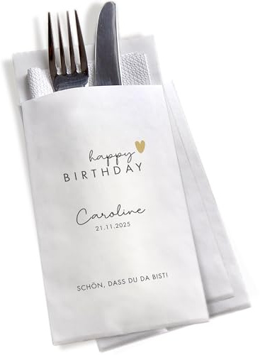 Geburtstag Happy Birthday Bestecktasche personalisiert Serviettenhülle Papierauwahl weiß Kraftpapier braun