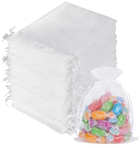 Organzasäckchen, 100 Stück Kleine Geschenktüten 7x9cm, Organza Säckchen mit Kordelzug Sie als Hochzeit Bonbonsbeutel Schmuckbeutel Geschenkbeutel (Weiß, 7x9cm)