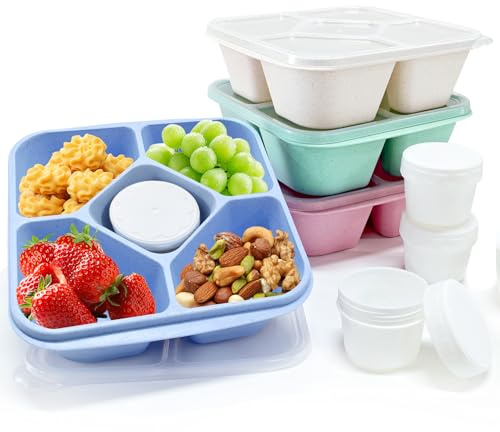4 Stück Snackbox mit Fächern, 5-fach Lunchbox mit 4 Dosen für Saucen, BPA-frei & Leckdicht, Wiederverwendbare Lunchbox für Kinder und Erwachsene, Snack-Behälter mit Deckel für Schule, Arbeit & Camping