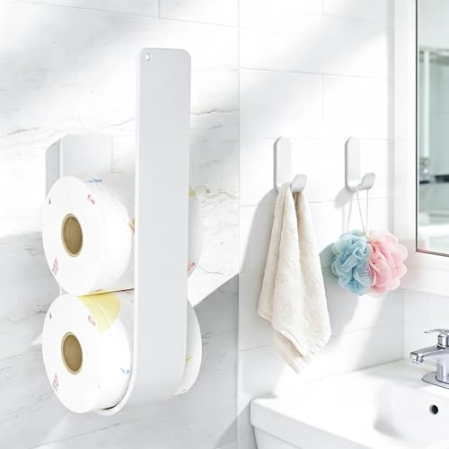 FALSKT Rangement Papier Toilette Blanc avec 2 Crochets Auto-adhésifs Métal | Porte Papier Toilette pour 3 Rouleaux de réserve Support Papier Toilette Mural Porte Papier WC sans Percage