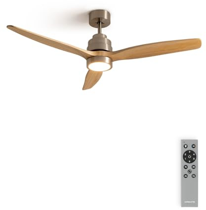 CREATE / WINDSTYLANCE S/Ventilador de techo ABS con luz níquel aspas efecto madera clara con mando/ 40W, Silencioso, Ø112 cm, 6 velocidades, temporizador, verano-invierno, doble altura, motor DC