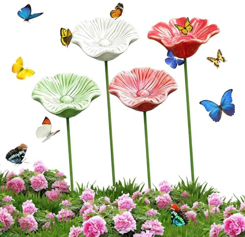 Bienentränke Keramik Handgefertigt 4er Set - Bienenrettung Gartenstecker für Bestäuber & Schmetterlinge, Wetterfeste Insektentränke mit Metallstab für Beet & Balkon, 4 Stück, Bunt