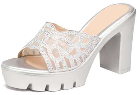 HNVAVQ Sandalias de Plataforma con Strass y Tacón Ancho Mules | Strass brillantes, Tacón de 10cm o 13cm, Tacón de bloque ,Plataforma
