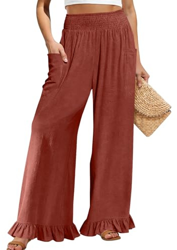 Pantalón Trabajo Verano Pantalones Yoga Mujer Pantalón Pantalones De Pierna Ancha para Algodón Y Lino Cintura Alta Perneras De Hoja del Loto Suelto Boho Calzones con Bolsillos Calzón Verano